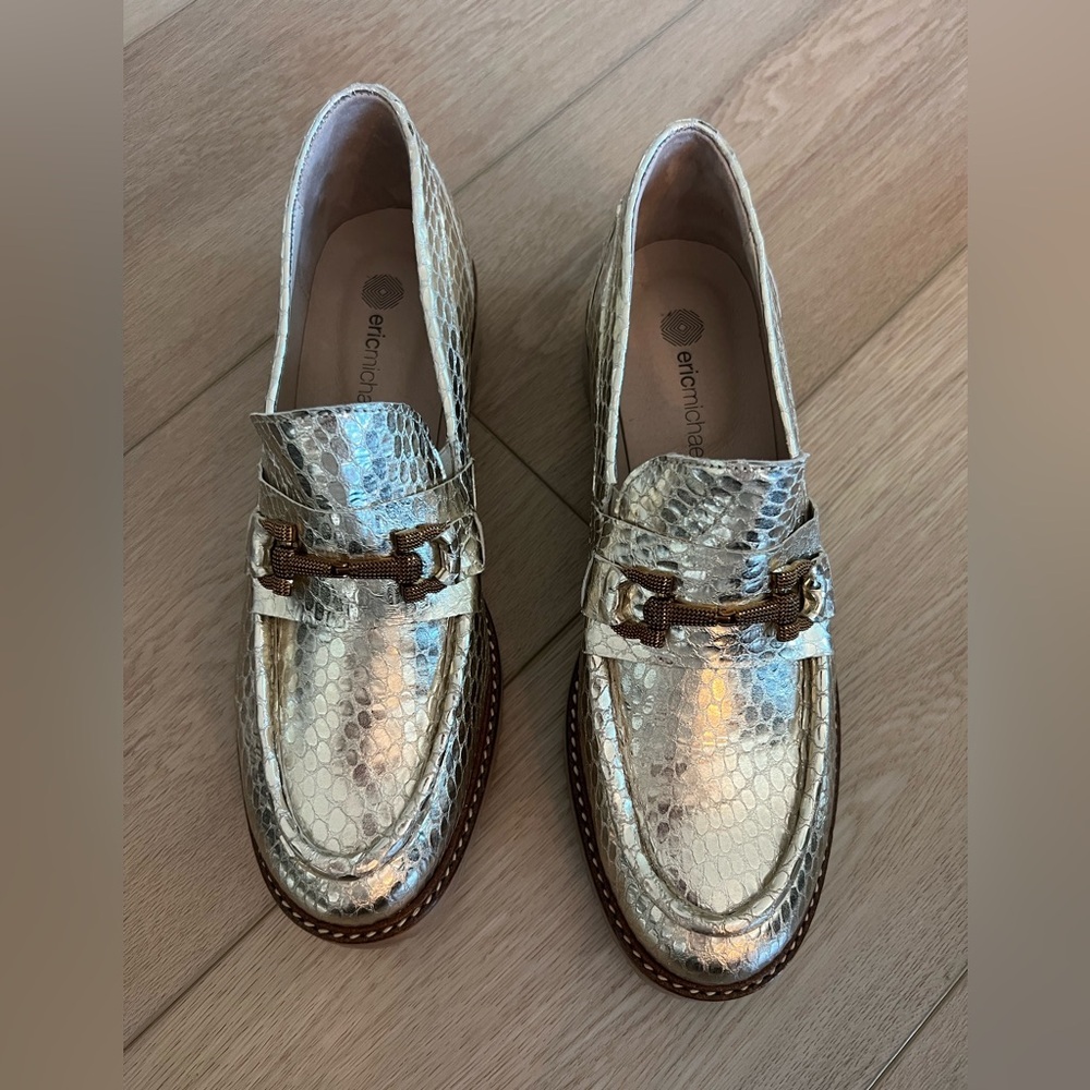 Eric Michael Gold Snakeskin Loafers - Size 40